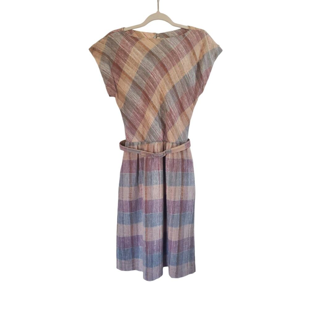 Vintage 80s Michelle Stuart Woven Pastel Linen Blend Knee Length Dress, Size 4